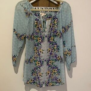 L8teR Floral Chevron Blouse - Light Blue and Purple
